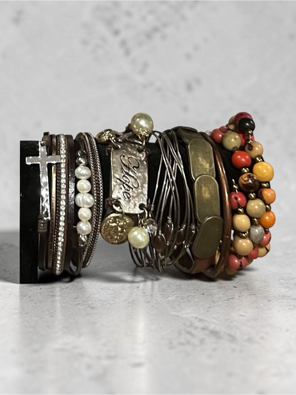 Boho Stacked Layered Cuff Bracelet Faux Leather Pearl Cross Hope Charm Beads